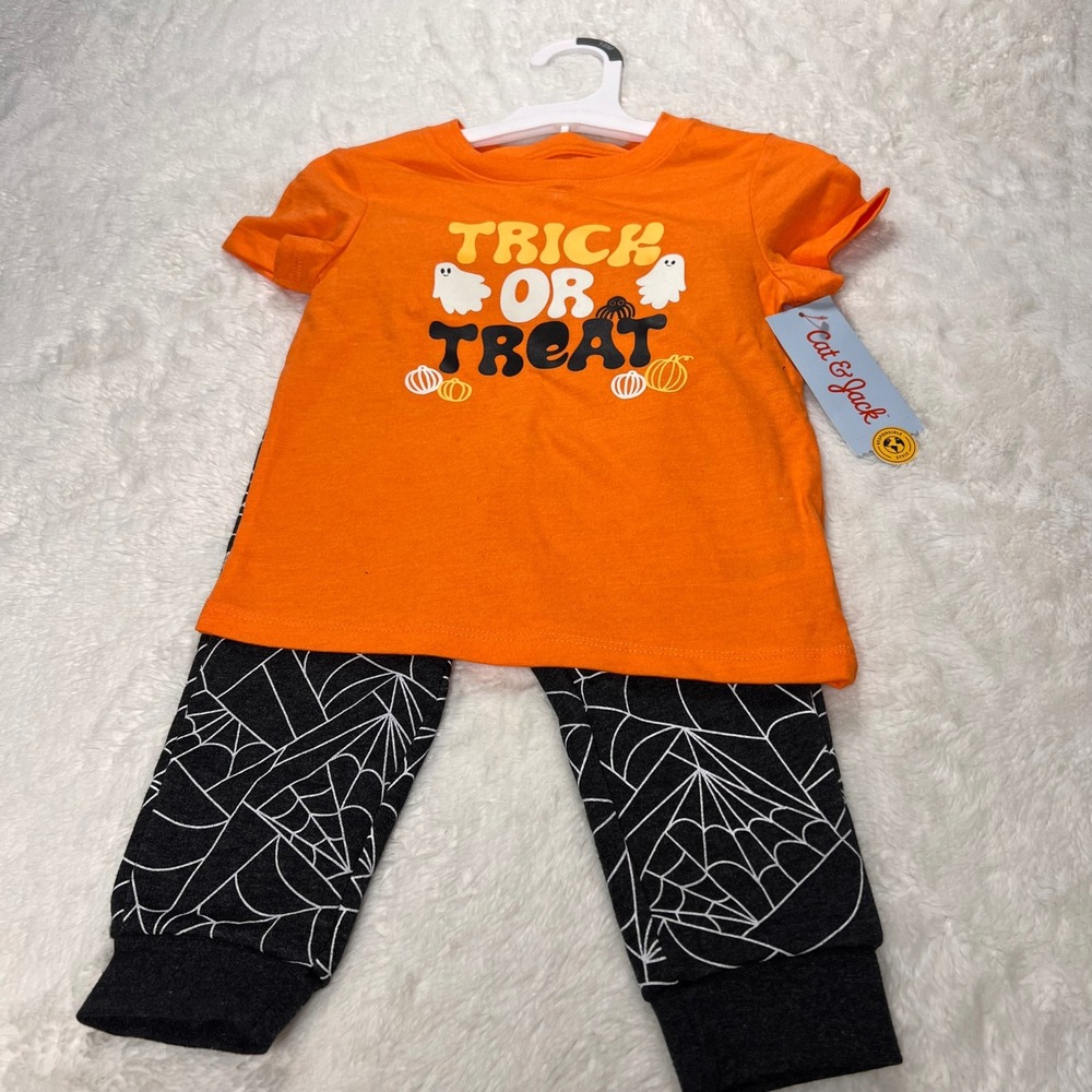 Cat Jack Toddler Girls Orange Trick or Treat Ghost Spider Web Halloween Set 18M